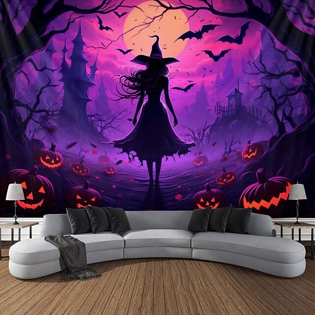 Halloween Decorations Witch Blacklight Tapestry UV Reactive Glow in the Dark Misty Hanging Tapestry Wall Art Mural for Living Room Bedroom Bats Skeleton Pumpkin 16