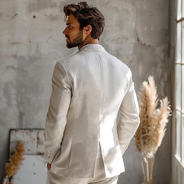  Men's 100% Linen Blazer Jacket Wedding Party Anniversary Summer Spring Linen Solid Color Single Breasted One-button Blazer Blue Beige