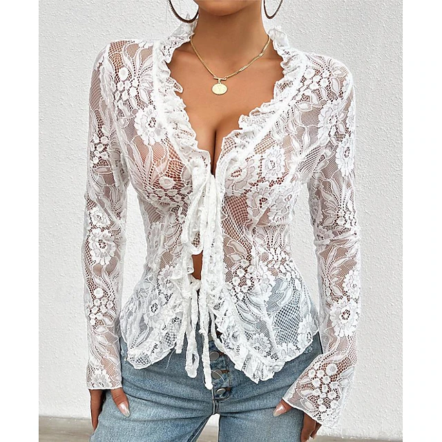 Women's Solid Color Plain Stylish Long Sleeve Causal Lace Water Blue Black White Pink Spring Fall 22