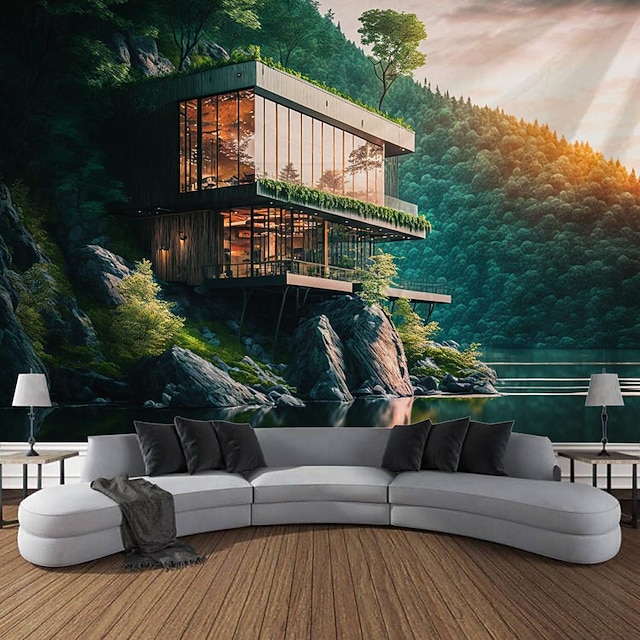  建築物 森の中 吊り下げタペストリー 壁アート 大きなタペストリー 壁画 装飾 写真 背景 ブランケット カーテン 自宅 寝室 リビングルーム 装飾