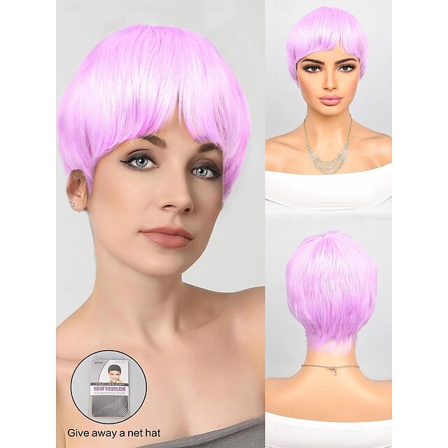  Synthetische Perücken Natürlich gerade Gerader Pony Perücke 8 Zoll A1 Synthetische Haare Damen Lila
