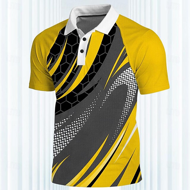 Men's Striped Sports Polo Shirts Golf Shirt Short Sleeve Polo Shirts Collared Shirts Casual Sportswear Vacation Wear 3D Print Buttons Spring & Summer Yellow Green 5