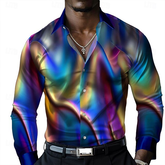 Men's Shirt Dress Shirt Button Up Shirt Long Sleeve Fashion Casual Party Evening Wear Casual Summer Spring Fall Turndown Button Up 3D Print Blue4