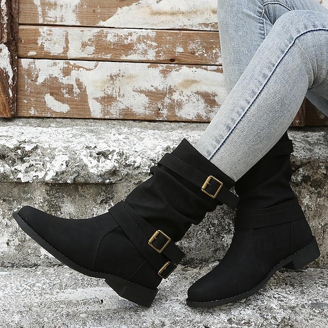 Women's Buckle Strap Slouch Mid-Calf Boots – Casual Flat Winter Outdoor Boots for Everyday Wear 8