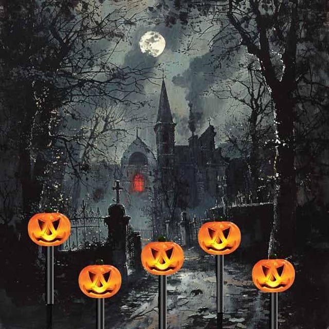  5 Stück Solar-Halloween-Rasenlichter für den Außenbereich, wasserdicht, Kürbis-Schädel-Scheinwerfer, Villa, Hof, Gehweg, Garten, Landschaftslampe im Freien, Halloween-Party, gruseliges Nachtlicht