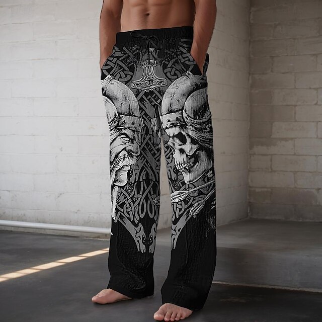 Skull Dark Men's Casual Pants Straight Leg Full Length Holiday Black Inelastic4