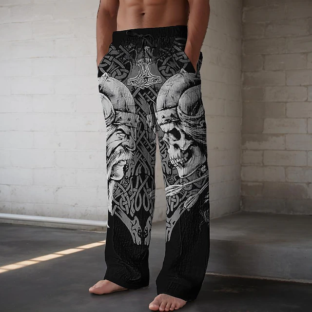 Skull Dark Men's Casual Pants Straight Leg Full Length Holiday Black Inelastic4