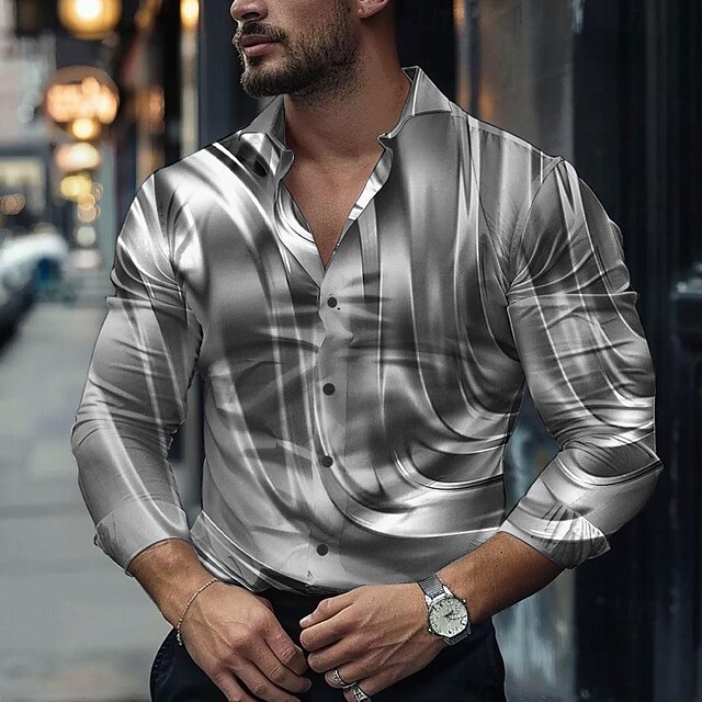 Men's Geometric Pattern Shirt Dress Shirt Button Up Shirt Long Sleeve Fashion Casual Party Evening Wear Business Daily Fall Winter Spring & Summer Turndown Shirt Collar Button Up 3D Print Silver4