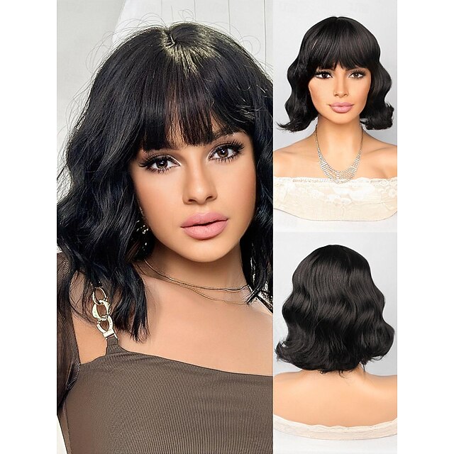 Synthetic Wig Bouncy Curl Short Bob Neat Bang Wig 12 inch Black Synthetic Hair Women Black4