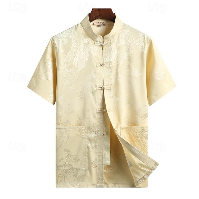  Homens Camisa Social Camisa de colarinho chinês Camisa gola mandarim camisa de verão Camisa casual camisa de praia Branco Amarelo Vermelho Azul Cinzento Manga Curta Dragão Colarinho Mandarim Férias