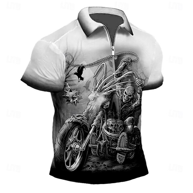 Day of the Dead Men's Skull Zip Polo Shirts Golf Shirt Short Sleeve Polo Shirts Collared Shirts Horror Streetwear Festival Wear Party Outfits 3D Print Quarter Zip Polo Summer Spring Gray4