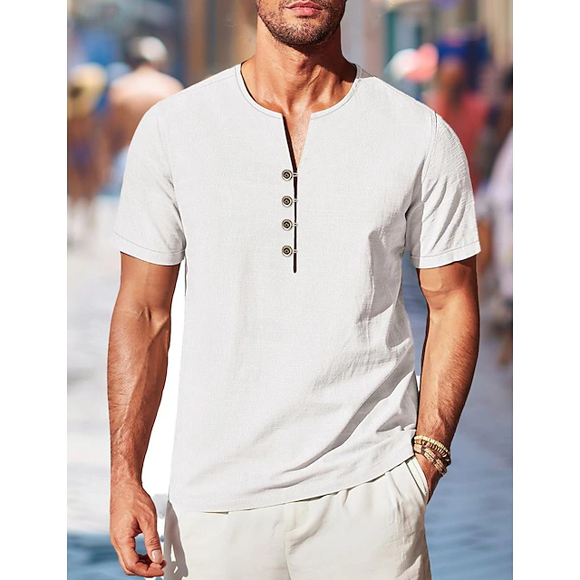 Men's Shirt Linen Shirt Summer Shirt Beach Shirt Solid Color Casual Daily Black White Short Sleeve Round Neck Summer Spring Clothing Apparel 5