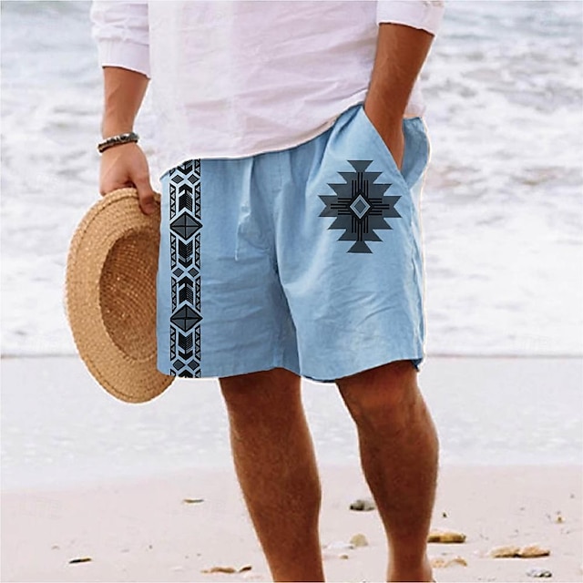 Men's Graphic Aztec Grid / Plaid Shorts Summer Shorts Casual Shorts Mid Waist Streetwear Designer Ethnic Style Casual Daily Holiday Pocket Drawstring Elastic Waist Designer Clothing Apparel