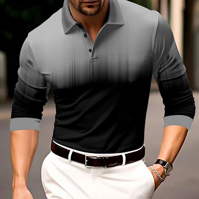  Voor heren Geometrisch Poloshirts Golfshirt Lange mouw Poloshirt Overhemden met kraag Werk Kleding Formele kleding Festivalkleding Knop 3D-afdrukken Herfst winter blauw Oranje Grijs