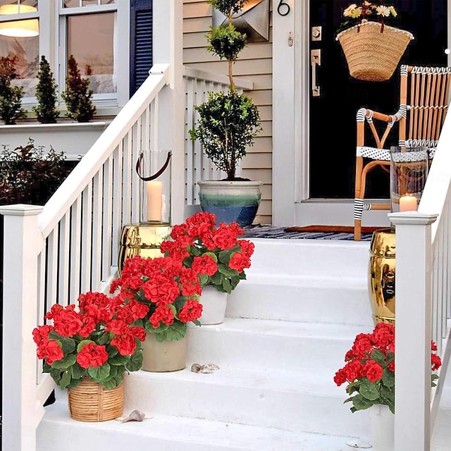 Artificial Red Geranium Silk Flowers Outdoor Plant Bush 2 Bundles Faux ...