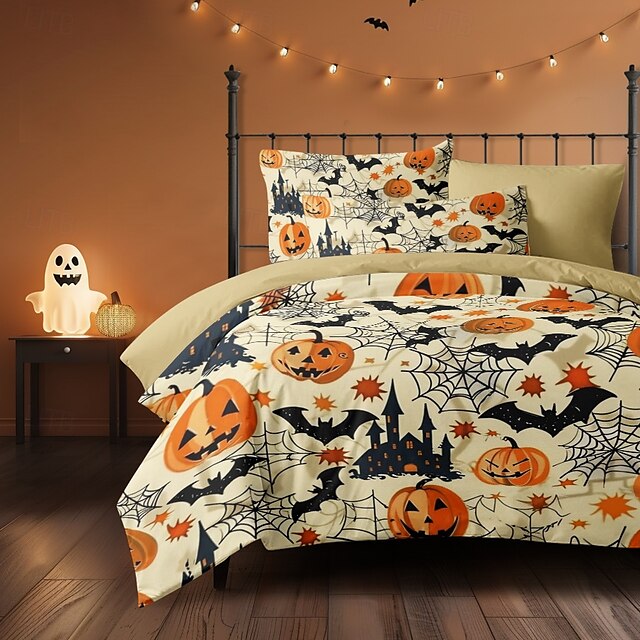  halloween beige pussilakanasetti - ihastuttava kurpitsaprintti makuuhuoneesi sisustamiseen - sisältää pussilakanan ja tyynyliinat - pehmeä ja mukava kangas - täydellinen lisäämään juhlaa tilaan