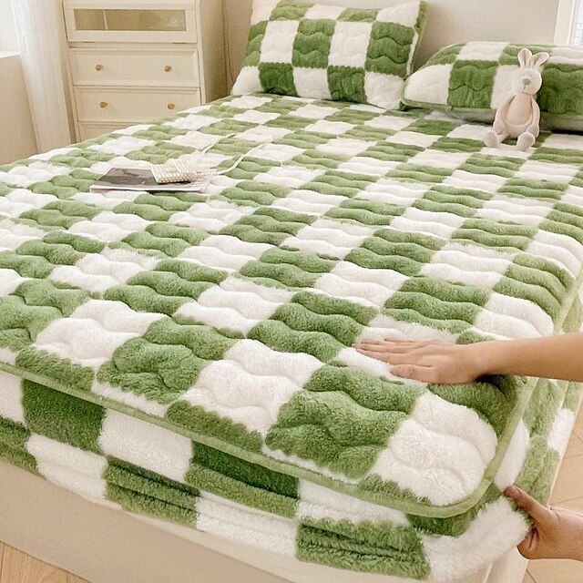  coprimaterasso a quadretti in velluto di latte, lenzuola in velluto di latte, lenzuolo con angoli in velluto queen size, coprimaterasso di lusso in velluto di latte, lenzuolo con angoli in velluto