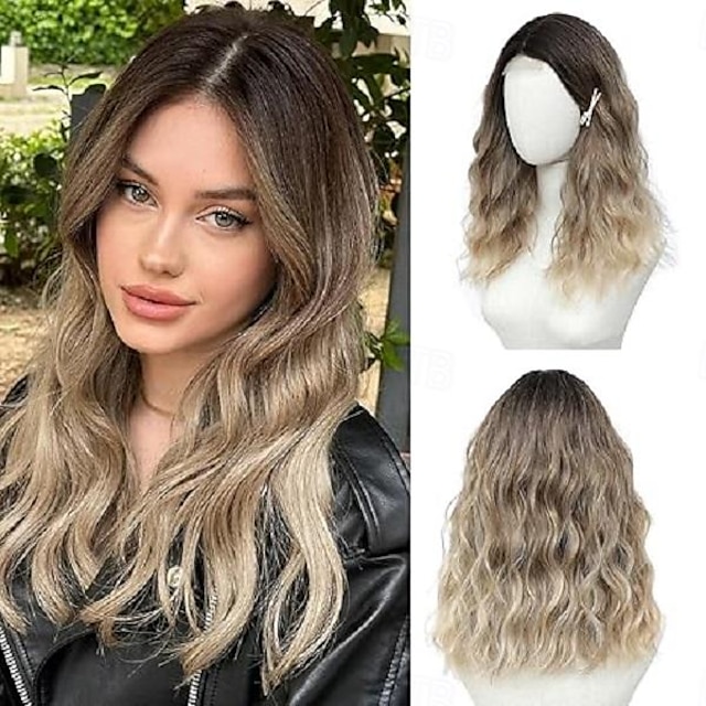  parrucca parrucche di media lunghezza per donna riga in mezzo capelli sintetici parrucca ondulata con ciocche migliorate parrucca di capelli naturali per uso quotidiano per feste/carnevale