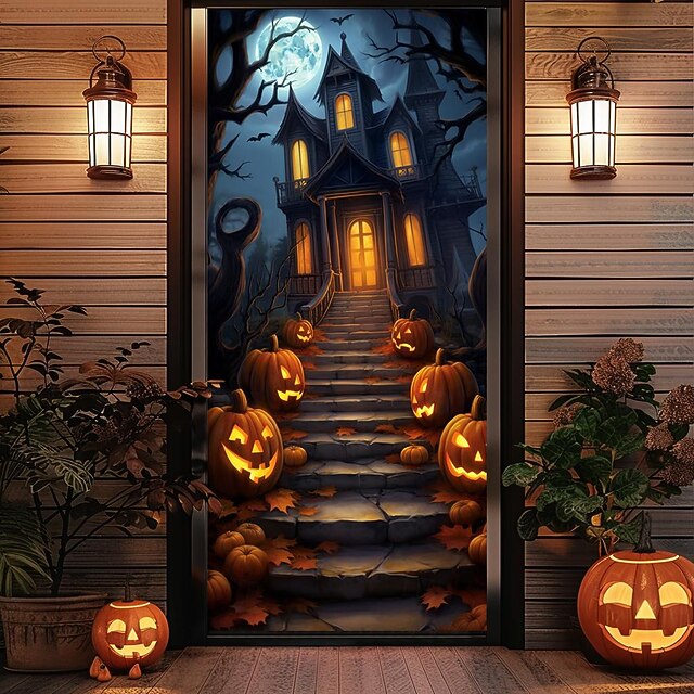 Halloween Door Decorations Halloween Door Covers Jack O Lantern Door Tapestry Pumpkin Crow Door Curtain Decoration Backdrop Door Banner for Front Door Farmhouse Holiday Party Decor Supplies 11