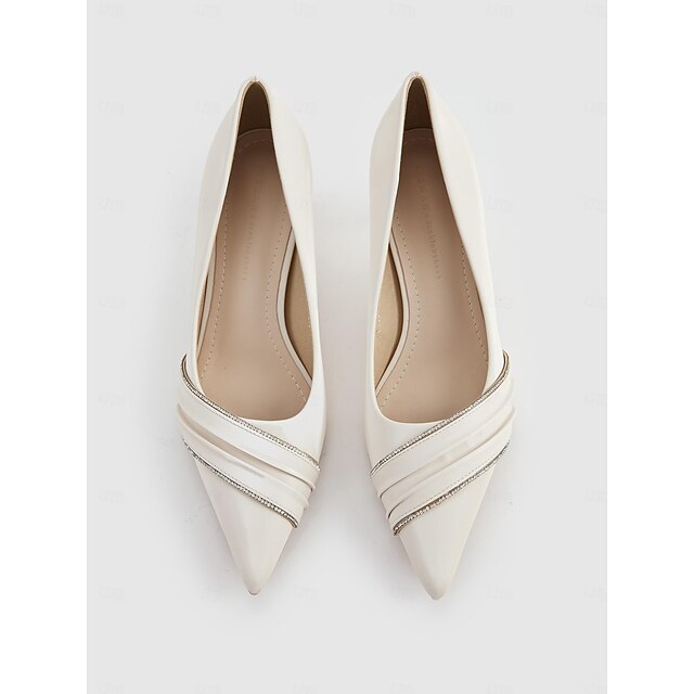 Women's Elegant White Kitten Heel Pumps with Rhinestone Trim for