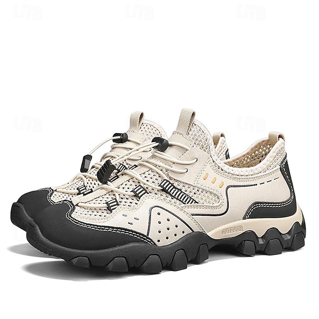  Men's Beige and Black Mesh Hiking Shoes with Rugged Sole and Breathable Design for Outdoor Adventures