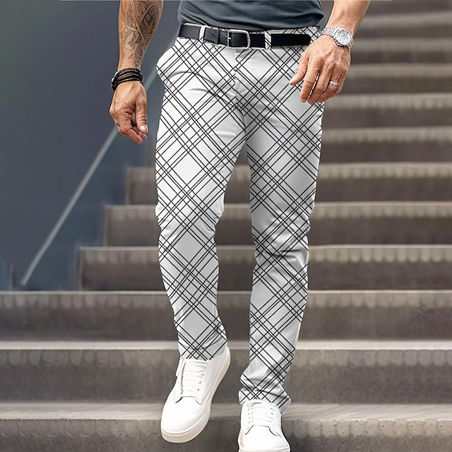  Homens Xadrez Social Cintura Média Formal Casual Botões Bolsos Impressão 3D Verão Primavera Outono & inverno Impressão 3D Branco