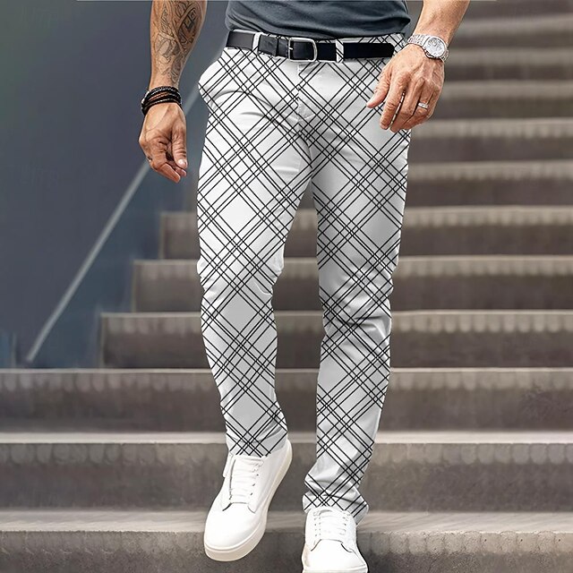 Men's Plaid Dress Pants Mid Waist Formal Casual Pocket 3D Print Buttons Summer Spring Fall & Winter 3D Print White 5