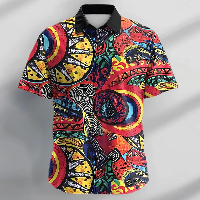 Men's Psychedelic Shirt Summer Hawaiian Shirt Button Up Shirt Short Sleeve Shirt Turndown Collared Shirts Casual Vacation Party Evening Wear Daily Black S M L4