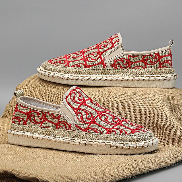 Men's Embroidered Espadrilles - Comfortable Canvas Fisherman Shoes with Red Pattern for Casual and Beach Wear 11