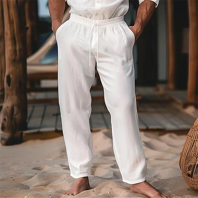 Men's Linen Pants Trousers Summer Pants Drawstring Elastic Waist Plain Comfort Soft Full Length Party Daily Beach Fashion Simple Black White Micro-elastic 11