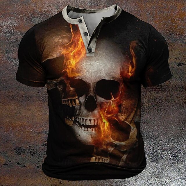 Halloween Men's Skull Henley Shirt Short Sleeve T shirt 3D Print Henley Shirt Fashion Designer Comfortable Casual Daily Black Summer Clothing Apparel S M L XL XXL XXXL4