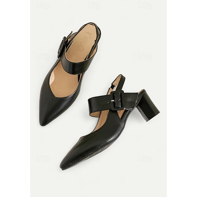  kvinnors beige och svarta slingback blockklack pumps med spänne – eleganta spetsiga klänningsskor för kontor och formella evenemang