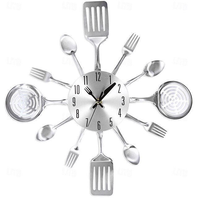 3D Wall Clock Kitchen Metal Fork Knife Clock Decorative Silver3