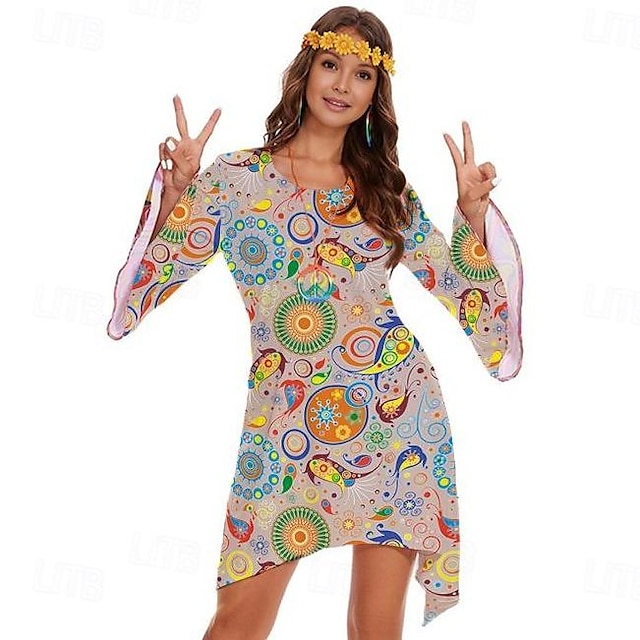  Retro 70. léta Dámské maškarní šaty 70. let Zvonové Hippie Disko Grafika Kulatý Dámské předvečer Všech svatých Karneval Plesová maškaráda Párty Denní nošení Pride Parade Dospělé Šaty Celý rok
