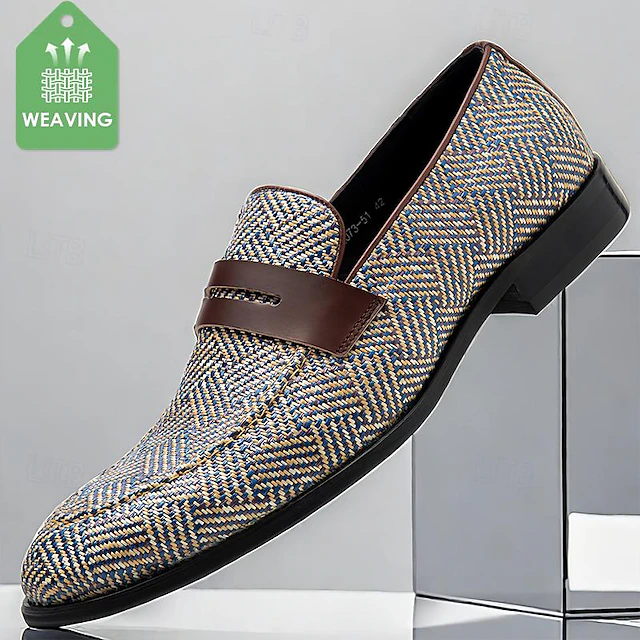 Men's Tweed Penny Loafers with Leather Strap - Comfortable Casual and Office Wear Slip-On Shoes 7