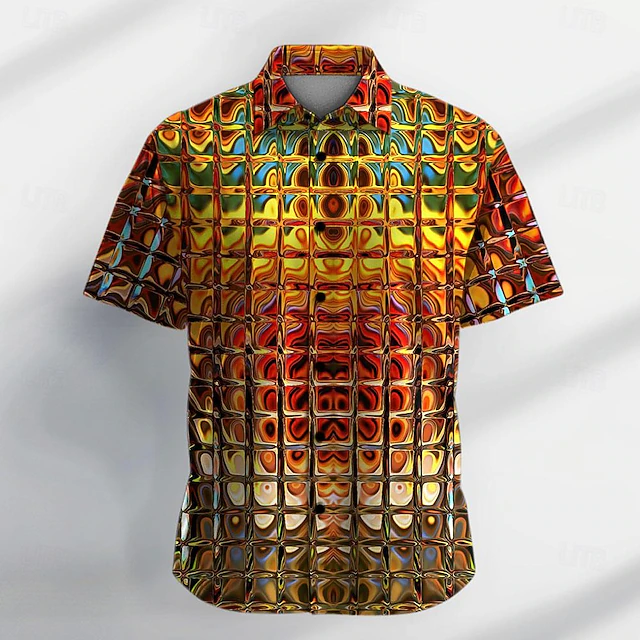 Men's Gradient Metallic Shirt Button Up Shirt Short Sleeve Vintage Casual Vacation Party Evening Wear Daily Summer Turndown Button Up 3D Print Yellow Gold Green 6