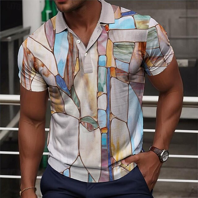 Men's Graphic Waffle Polo Shirts Golf Shirt Short Sleeve Polo Shirts Collared Shirts Vacation Wear Rave Wear Party Outfits Buttons 3D Print Spring & Summer Purple4