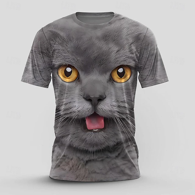 Men's Cat T Shirt Short Sleeve T shirt 3D Print Crew Neck Shirt Retro Vintage Casual Street Style Sports Outdoor Holiday Going out Black Dark Gray Spring & Summer Clothing Apparel S M L XL 2XL 3XL 5