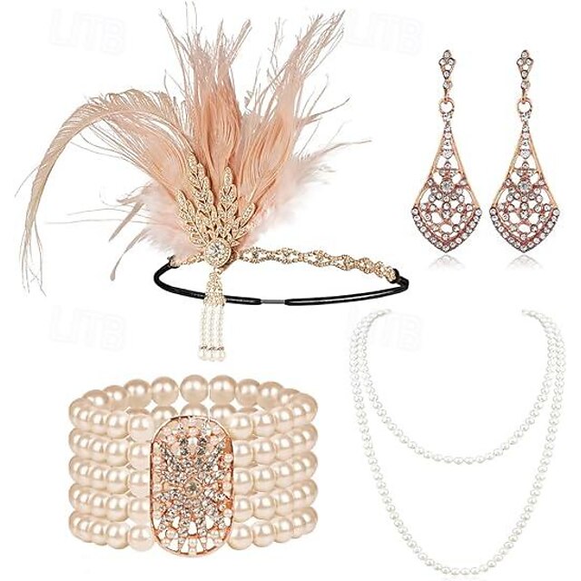  Vintage 1920s El gran Gatsby Diadema de estilo flapper Conjunto de accesorios charlestón Invitado a la boda Pluma Moda Mujer Mascarada Recepción de Boda Despedida de Soltera Festival Adulto Pulsera