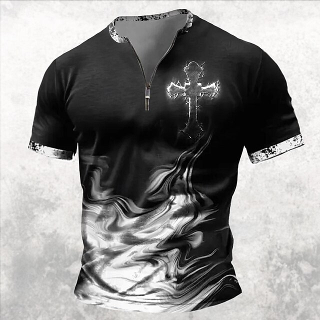 Halloween Men's Gothic Horror Cross T Shirt Short Sleeve T shirt 3D Print Half Zip Shirt Retro Vintage Street Casual Daily Black Summer Spring Clothing Apparel S M L XL XXL XXXL4