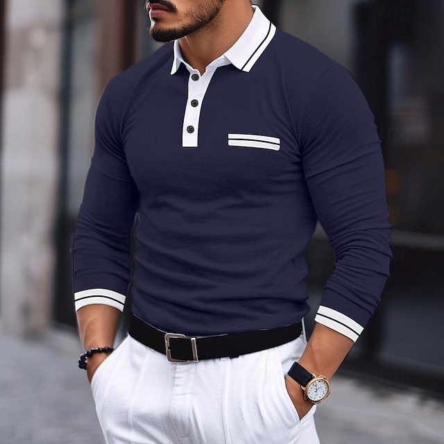  Voor heren POLO Shirt Golfshirt Casual Feestdagen Revers Lange mouw Modieus Basic Kleurenblok Lapwerk Zomer Normale pasvorm Donker Grijs Bordeaux Marineblauw Licht Grijs POLO Shirt