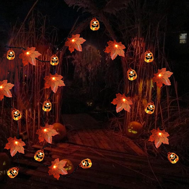  Halloween Solar Pumpkin Maple Leaf String Lights Solar Pumpkin Light Outdoor Waterproof Garden Light Thanksgiving Halloween Party Home Garden Outdoor Balcony Porch Patio Decor Hanging Lamp