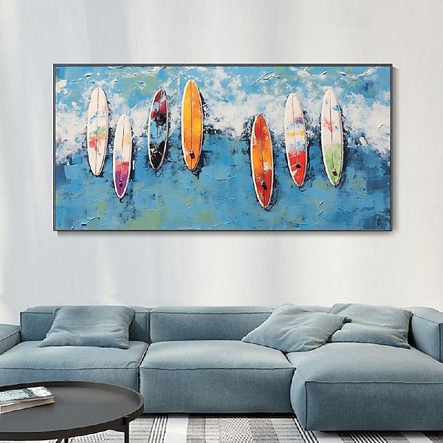  handgemaltes, individuell gefärbtes Surfbrett-Ölgemälde, handgemachtes Sommer-Surf-Schwimmparty-Gemälde, abstraktes blaues Ozean-Seestück, Leinwand-Ölgemälde, Wandbild, Gemälde für Wohndekor, Geschenk