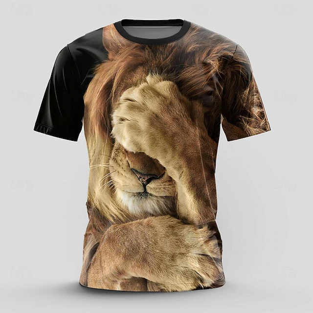 Men's Lion Funny T Shirt Short Sleeve T shirt 3D Print Crew Neck Shirt Retro Vintage Casual Street Style Sports Outdoor Holiday Going out Brown Khaki Spring & Summer Clothing Apparel S M L XL 2XL 3XL 5