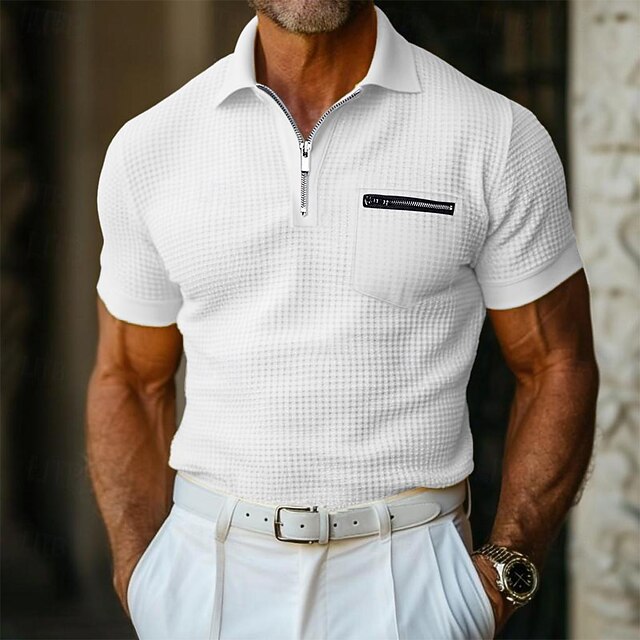 Men's Waffle Polo Shirt Golf Shirt Casual Holiday Lapel Quarter Zip Short Sleeve Fashion Basic Plain Quarter Zip Summer Regular Fit Black White Blue Beige Gray Waffle Polo Shirt 9