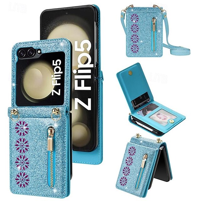  telefone Capinha Para Samsung Galaxy Z Flip 7 Z Virar 6 Z Flip 5 Z Flip 4 Z Flip 3 Capa articulada Zíper com cordão Bling Glitter Brilhante Retro PC Couro PU
