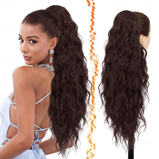  赤いポニーテールエクステンション - 26インチのドローストリングポニーテールヘアエクステンション、女性用 - 長いカールウェーブ合成クリップインフェイクポニーテールヘアピース、女の子の毎日のパーティー - 銅赤