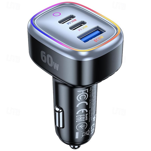 Car Charger with Cable 60 W Output Power 3 Port Car Charger Multi USB ...