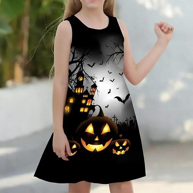 Halloween Girls' 3D Halloween pumpkin Cami Dress Sleeveless 3D Print Summer Daily Holiday Vacation Casual Halloween Custome Kids 4-12 Years Strap Dress A Line Dress Above Knee Polyester Regular Fit3