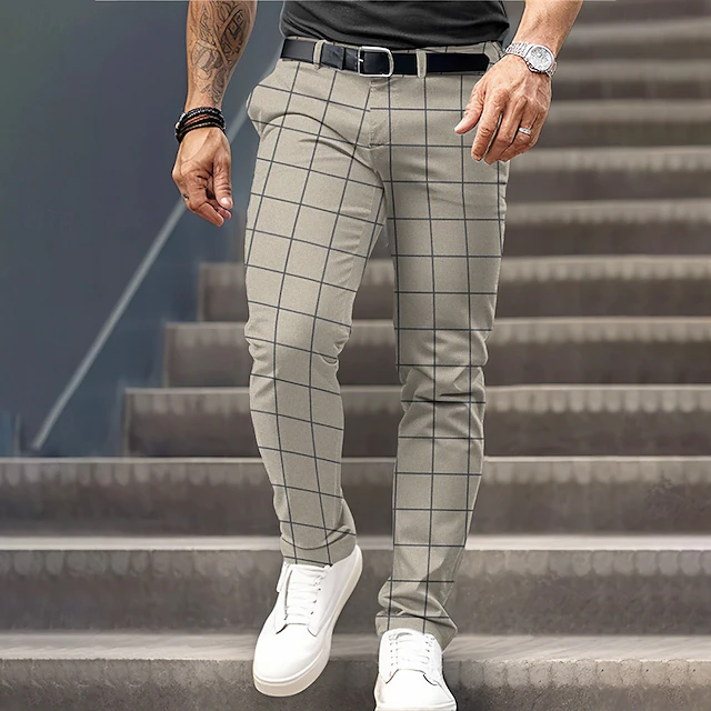 Men's Plaid Dress Pants Mid Waist Business Casual Formal Dailywear Zipper Pocket Summer Spring Fall 3D Print Brown Gray 6